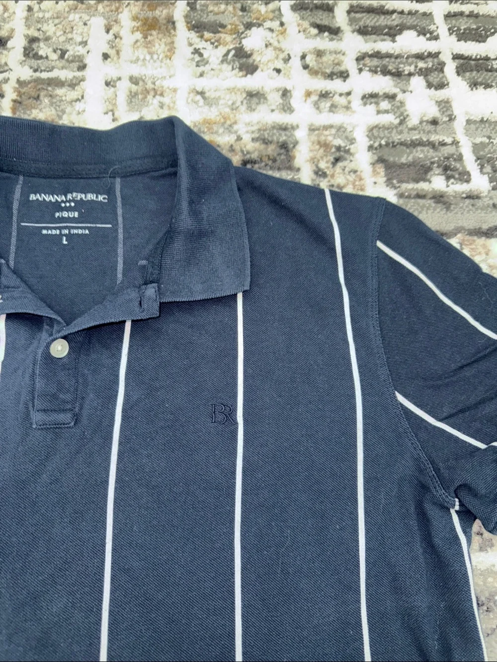 Banana Republic Navy Polo with White Vertical Stripes